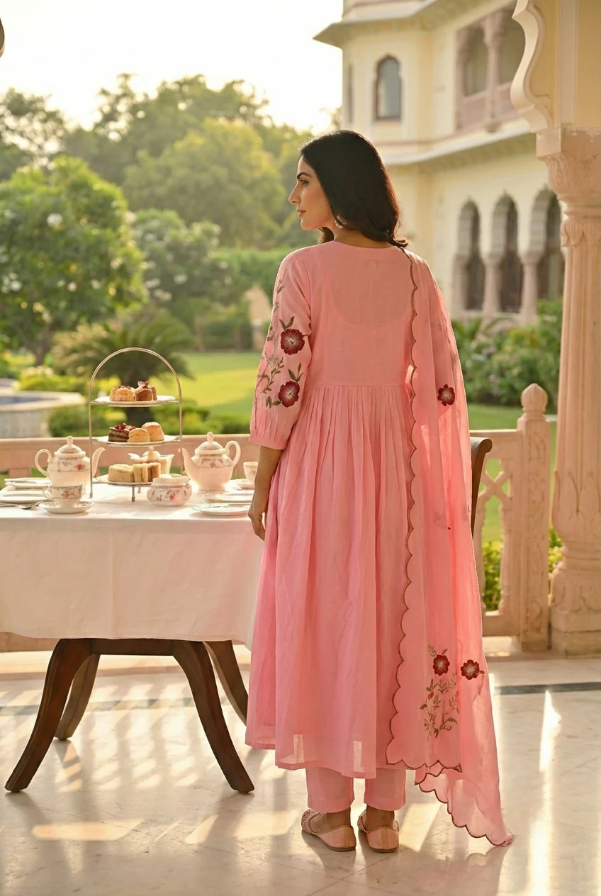 Baby Pink Cotton Floral Hand Embroidery Three Piece Set - Image 3