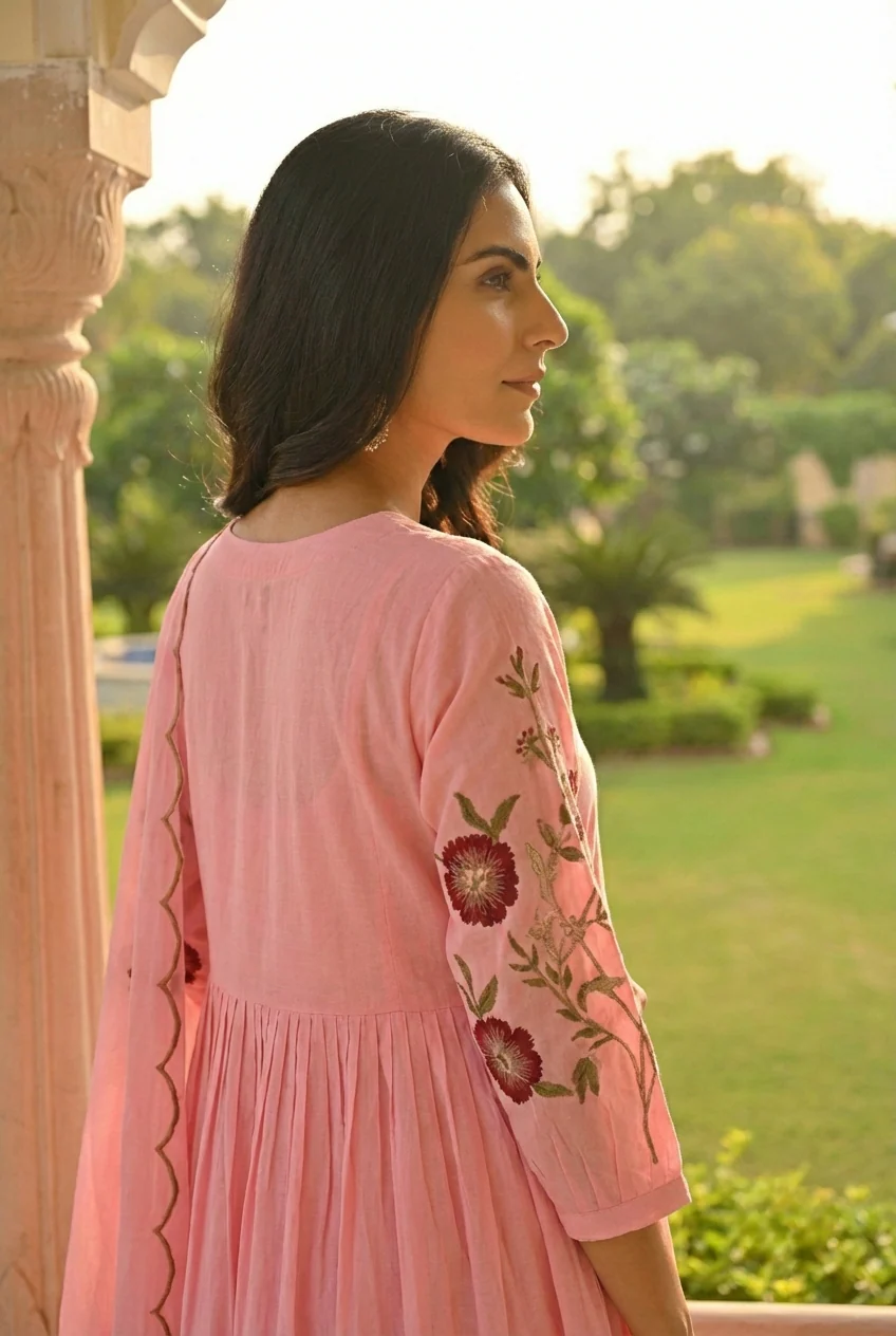 Baby Pink Cotton Floral Hand Embroidery Three Piece Set - Image 4