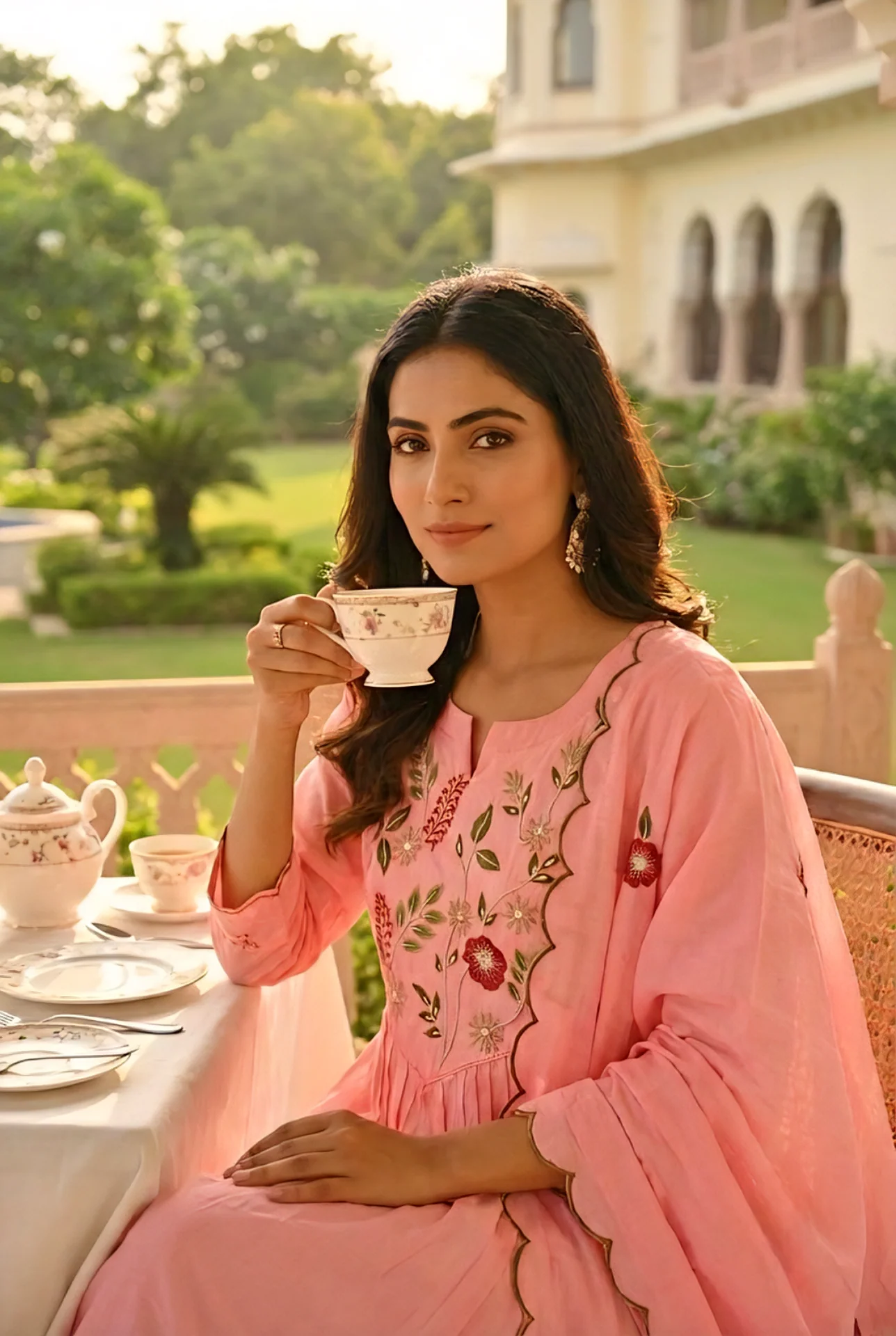 Baby Pink Cotton Floral Hand Embroidery Three Piece Set - Image 5