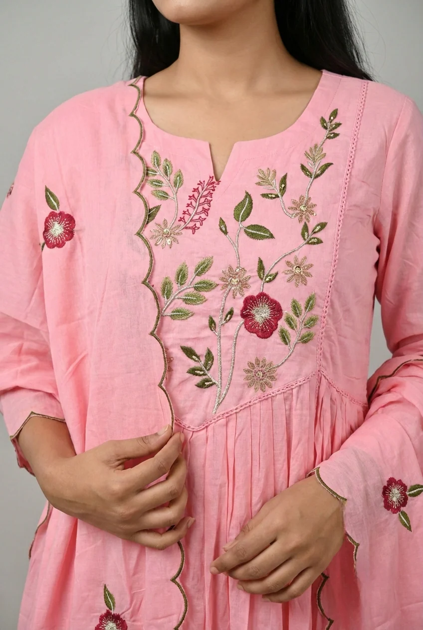 Baby Pink Cotton Floral Hand Embroidery Three Piece Set - Image 6
