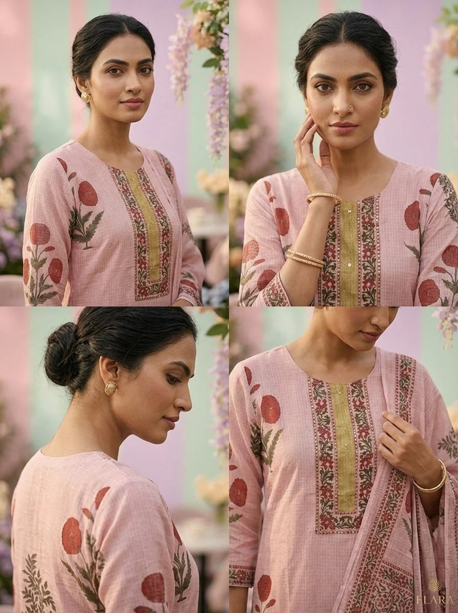 Baby Pink Cotton Floral Printed Three Piece Set - Image 3