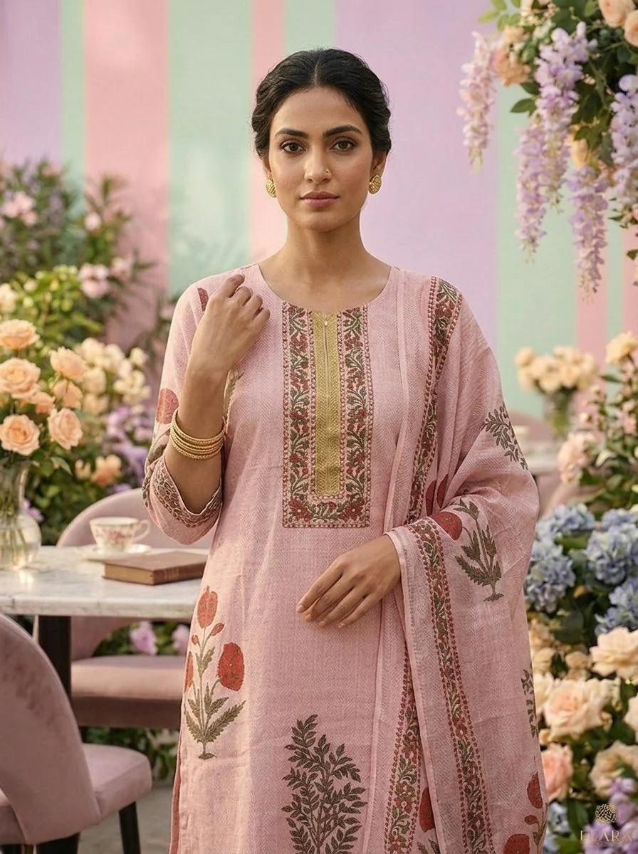 Baby Pink Cotton Floral Printed Three Piece Set - Image 4