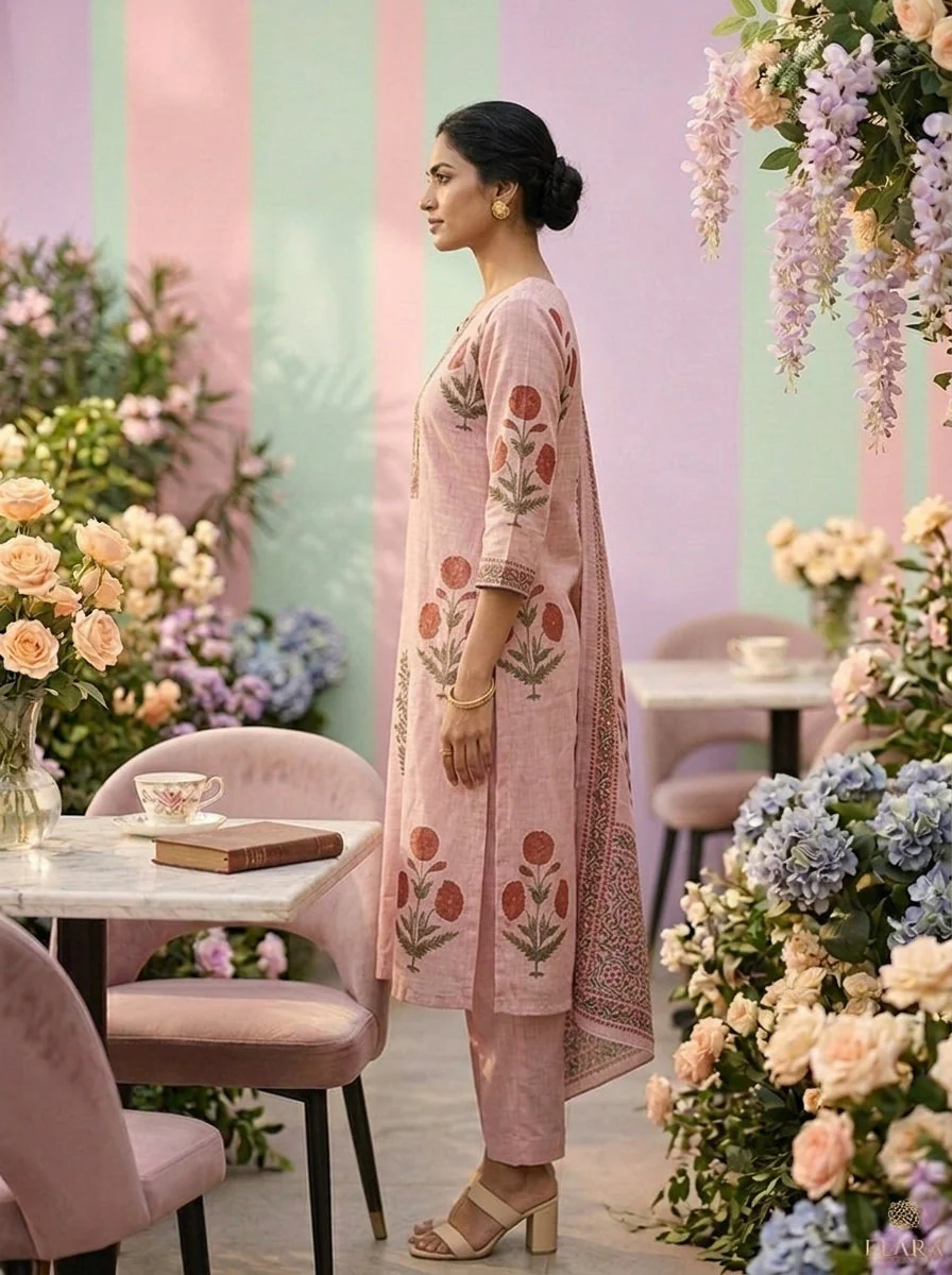 Baby Pink Cotton Floral Printed Three Piece Set - Image 5