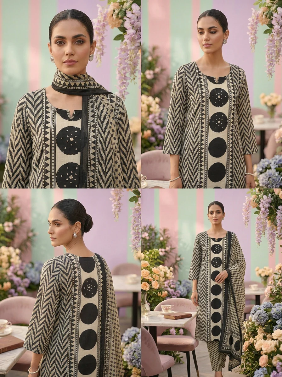 Black Cotton Chevron Printed Three Piece Set - Image 3