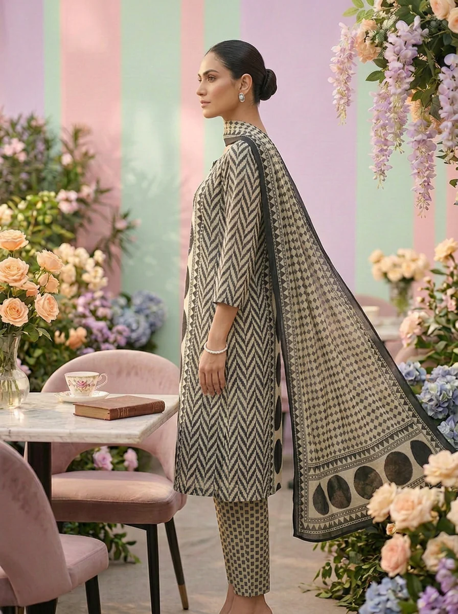 Black Cotton Chevron Printed Three Piece Set - Image 4