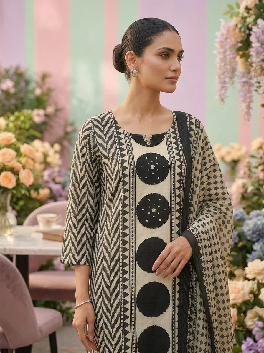 Black Cotton Chevron Printed Three Piece Set - Image 5