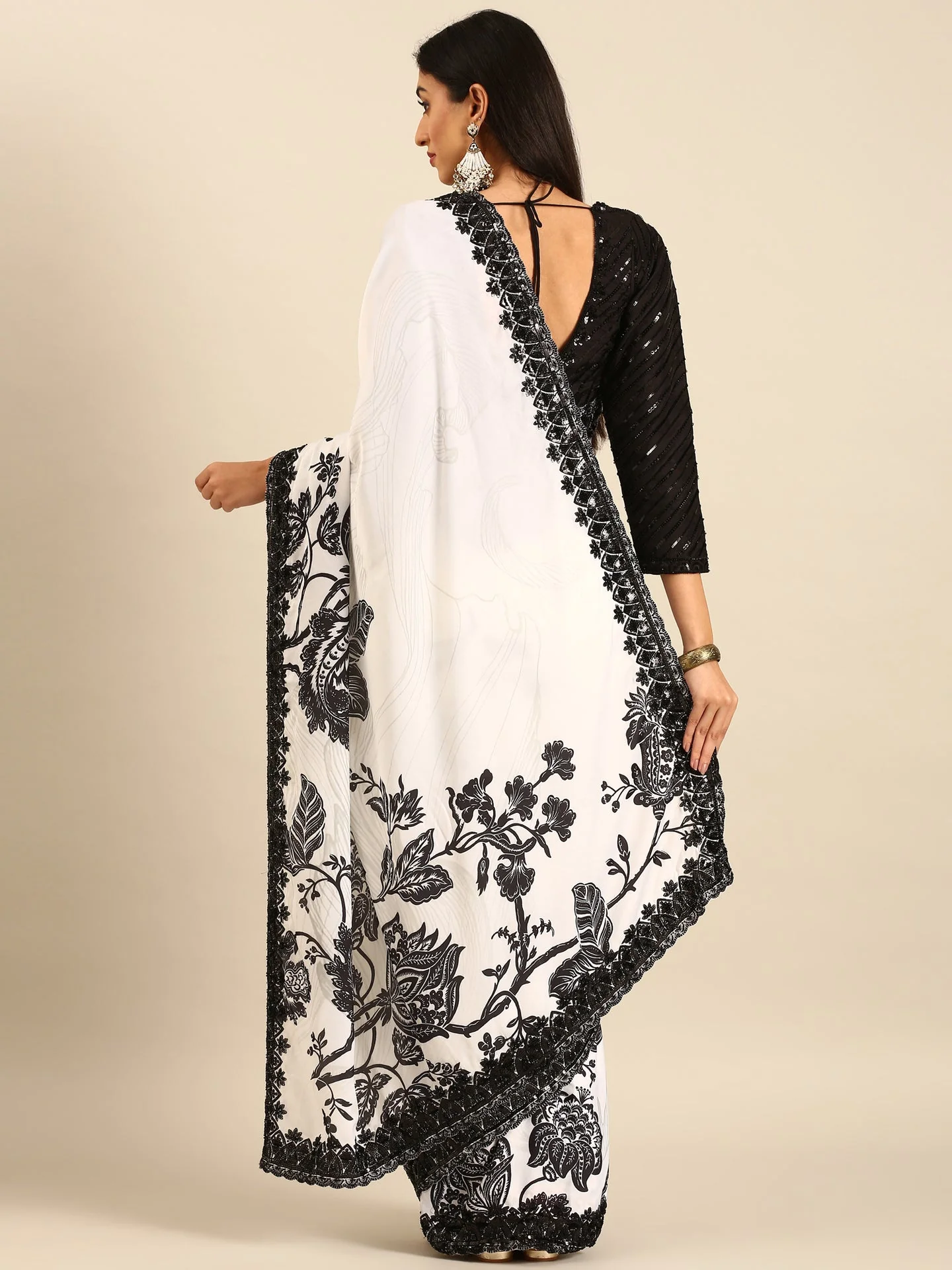 Black & white satin printed saree with hand embroidery & ready made blouse - Image 3