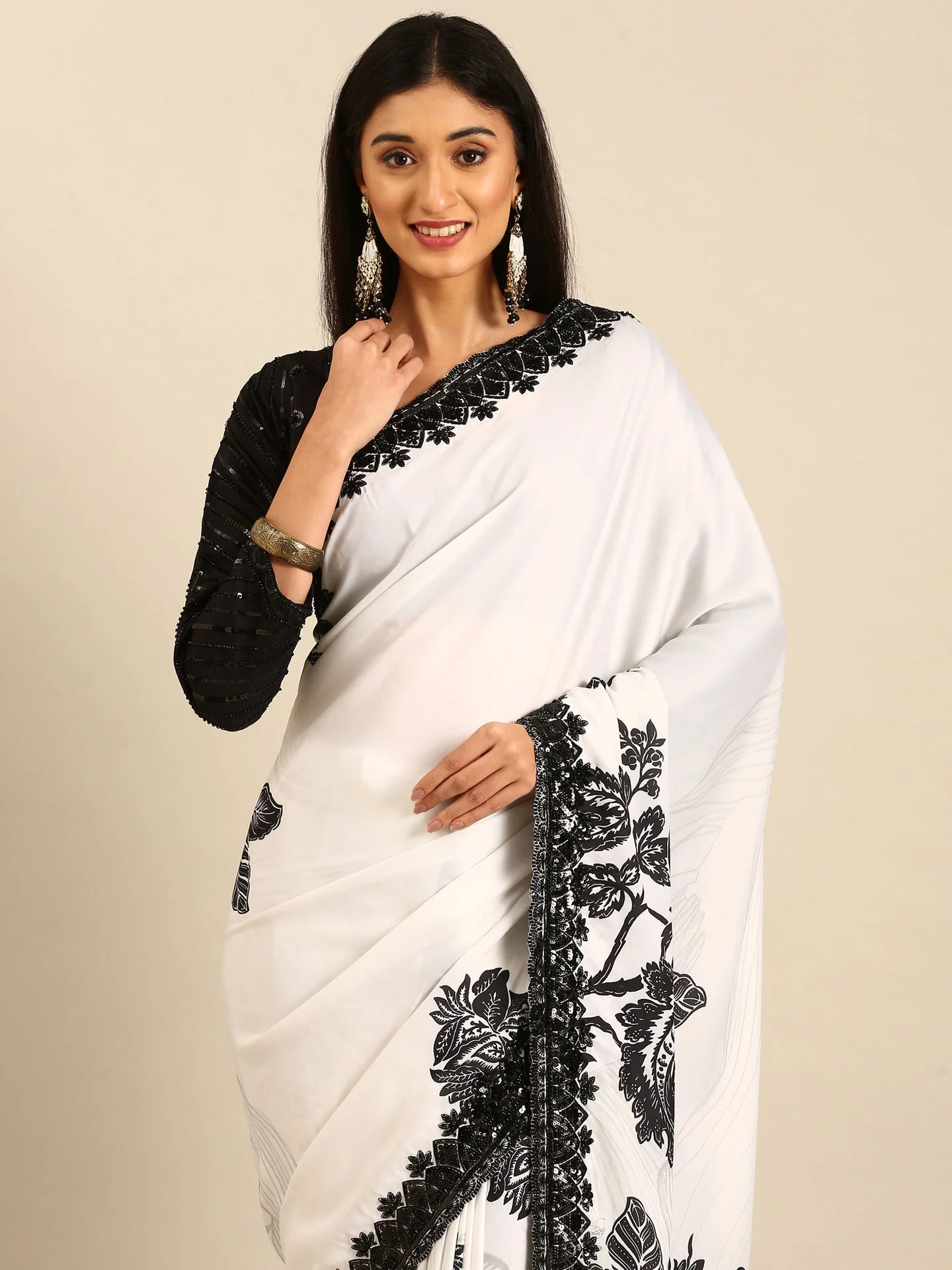 Black & white satin printed saree with hand embroidery & ready made blouse - Image 4