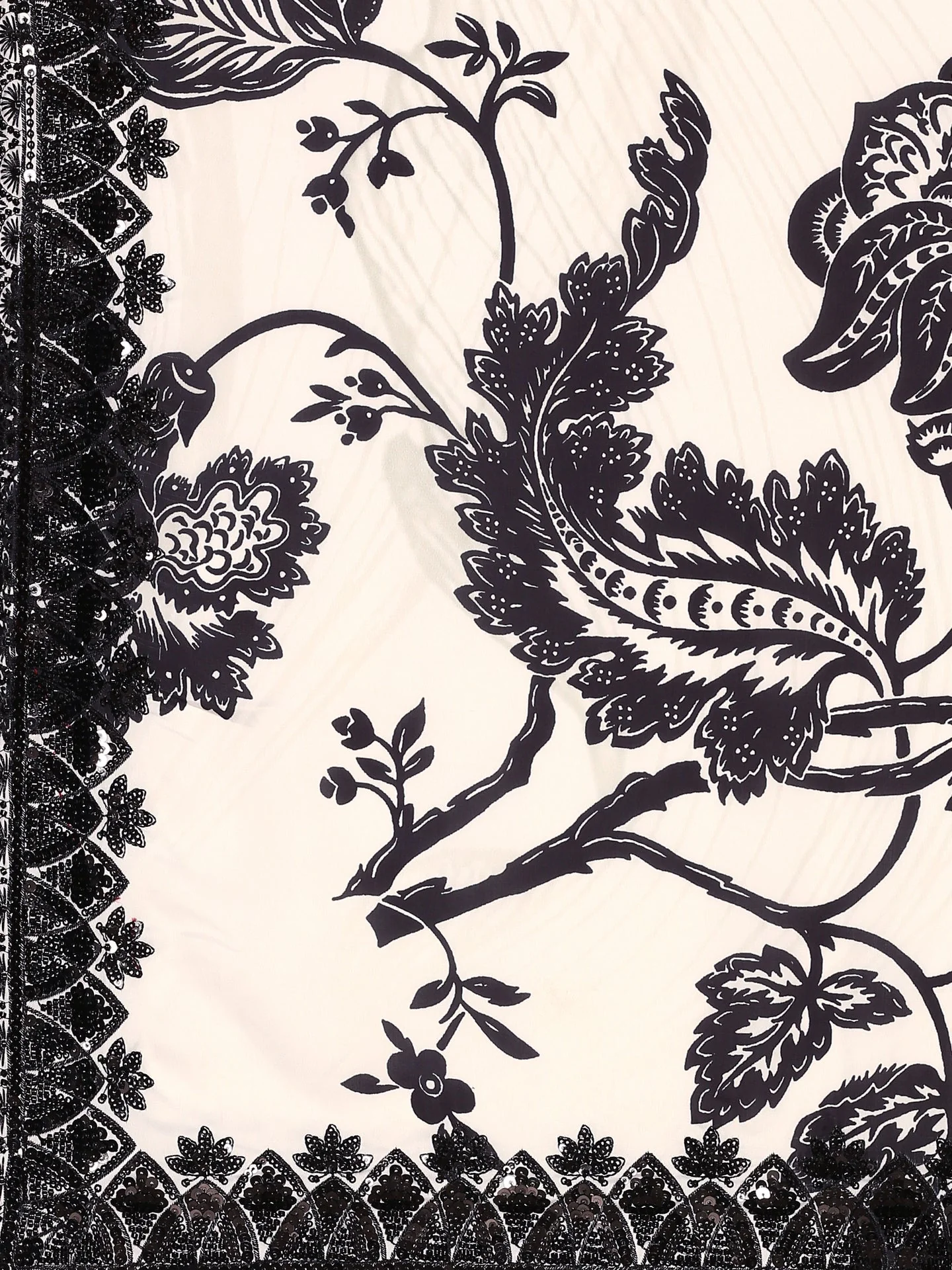 Black & white satin printed saree with hand embroidery & ready made blouse - Image 6