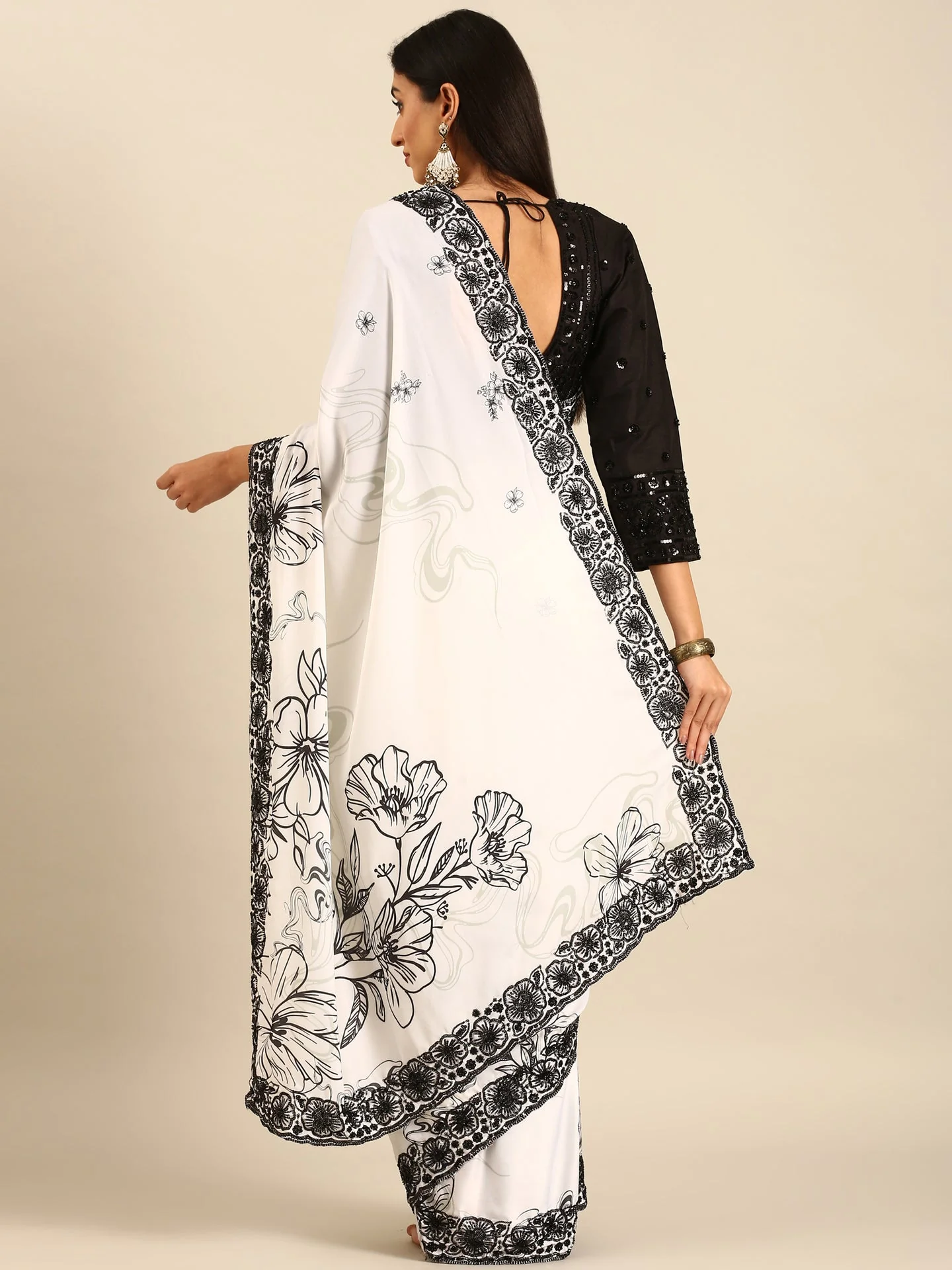 Black & White Satin Printed Saree With Hand Embroidery And Ready Made Blouse - Image 3