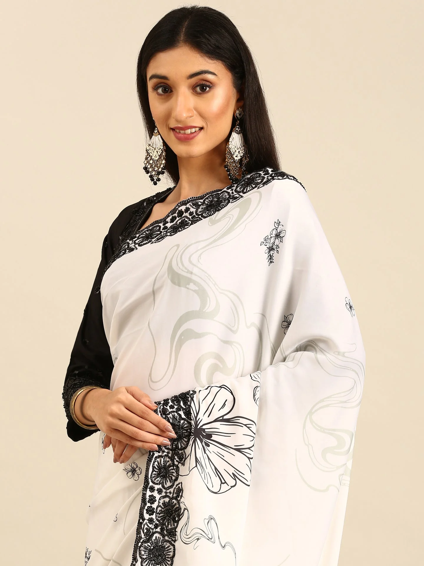 Black & White Satin Printed Saree With Hand Embroidery And Ready Made Blouse - Image 4
