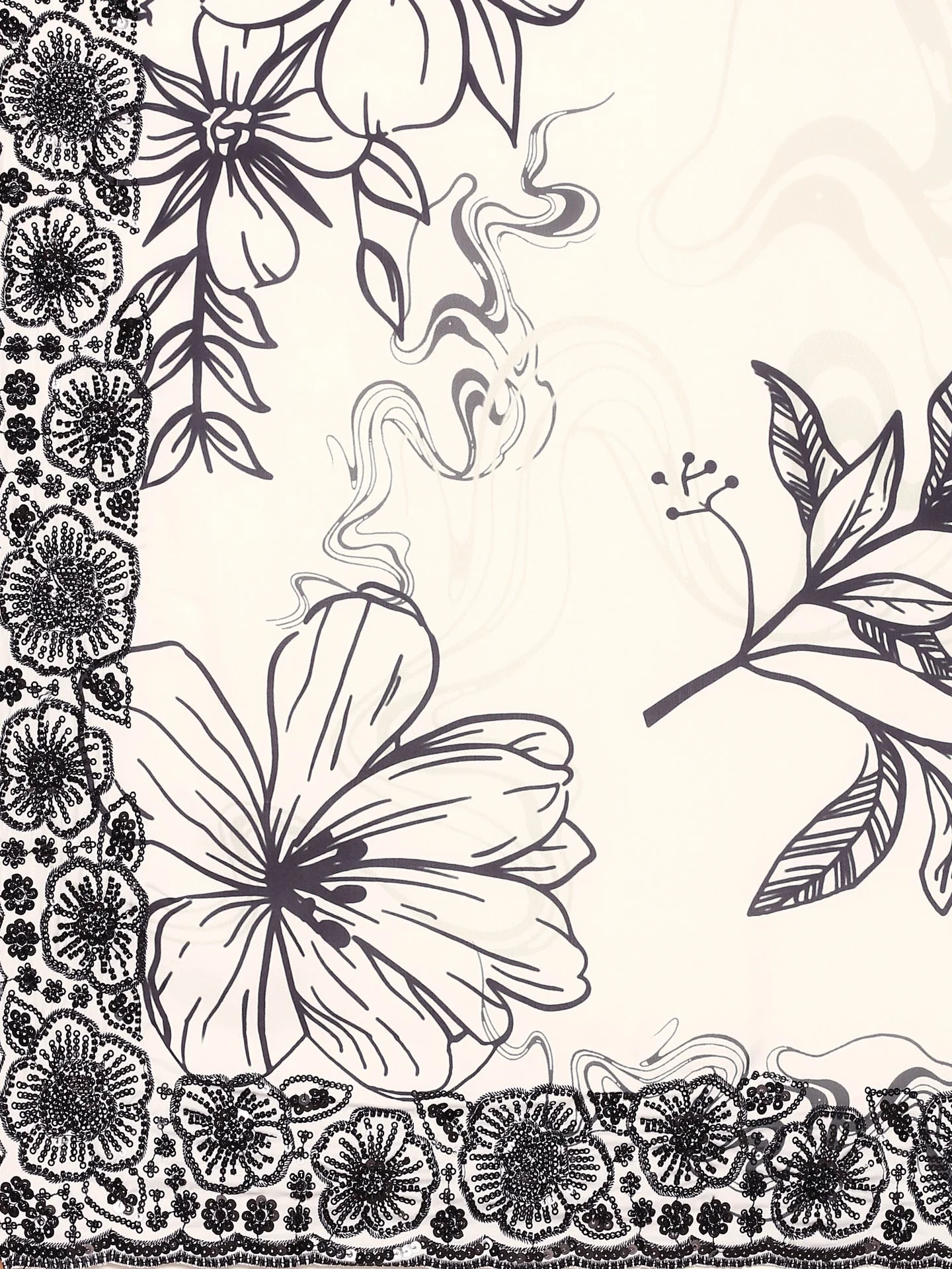 Black & White Satin Printed Saree With Hand Embroidery And Ready Made Blouse - Image 6