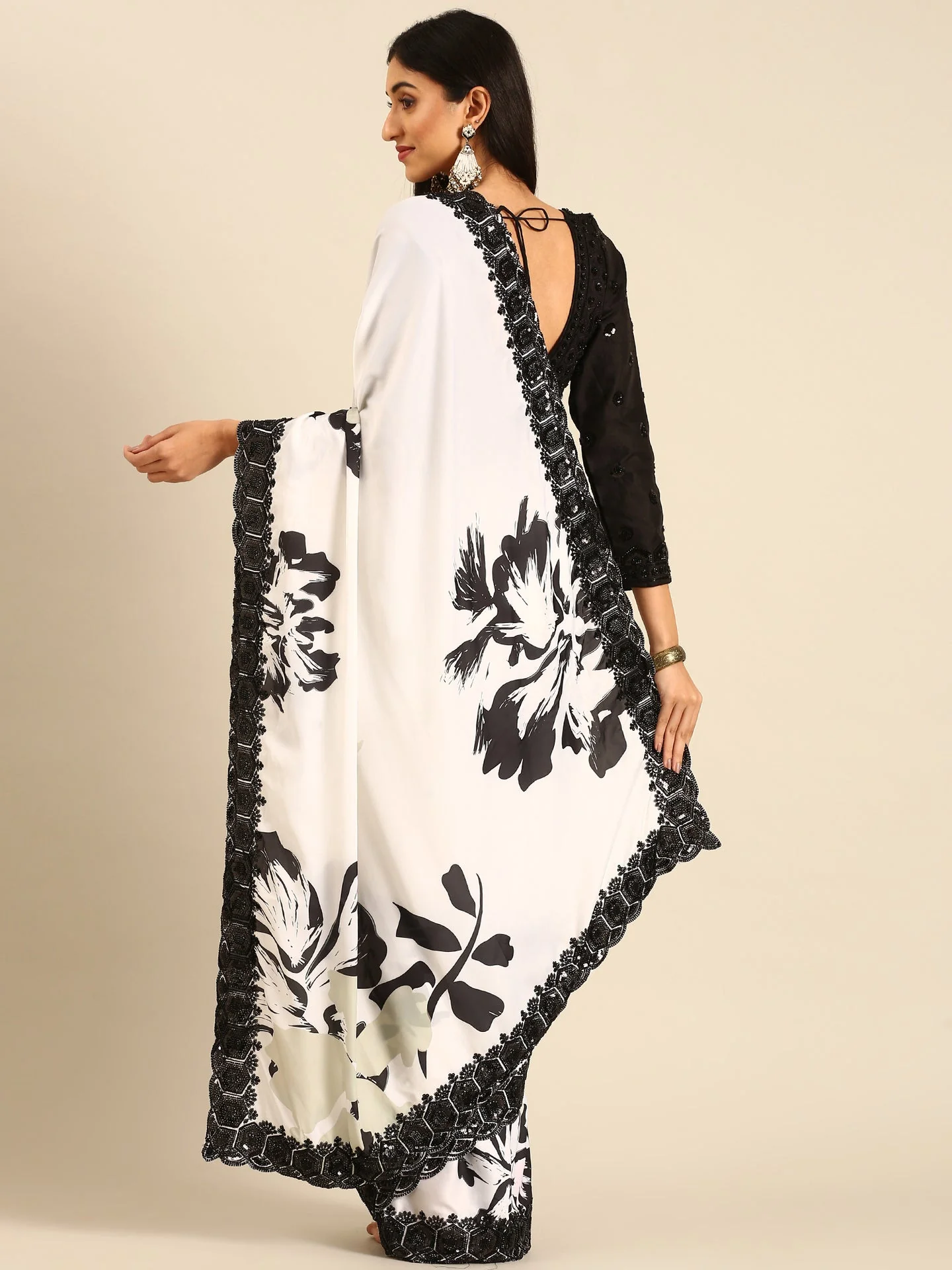 Black & White Satin Printed Saree With Hand Embroidery & Readymade Blouse - Image 3