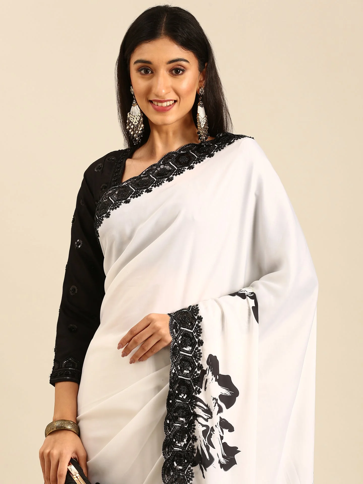 Black & White Satin Printed Saree With Hand Embroidery & Readymade Blouse - Image 4