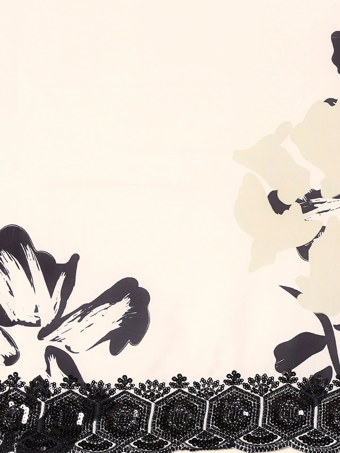 Black & White Satin Printed Saree With Hand Embroidery & Readymade Blouse - Image 5