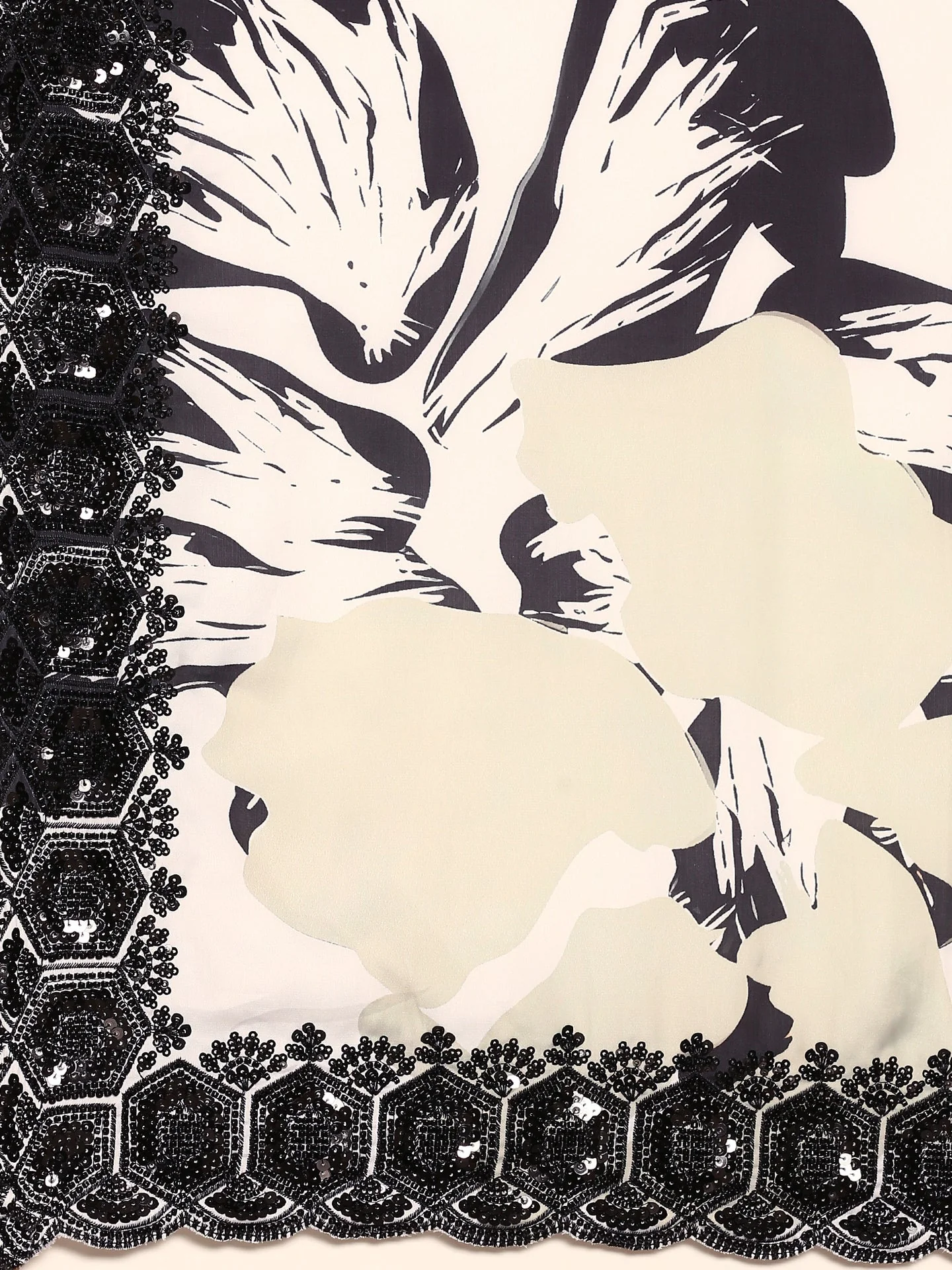 Black & White Satin Printed Saree With Hand Embroidery & Readymade Blouse - Image 6