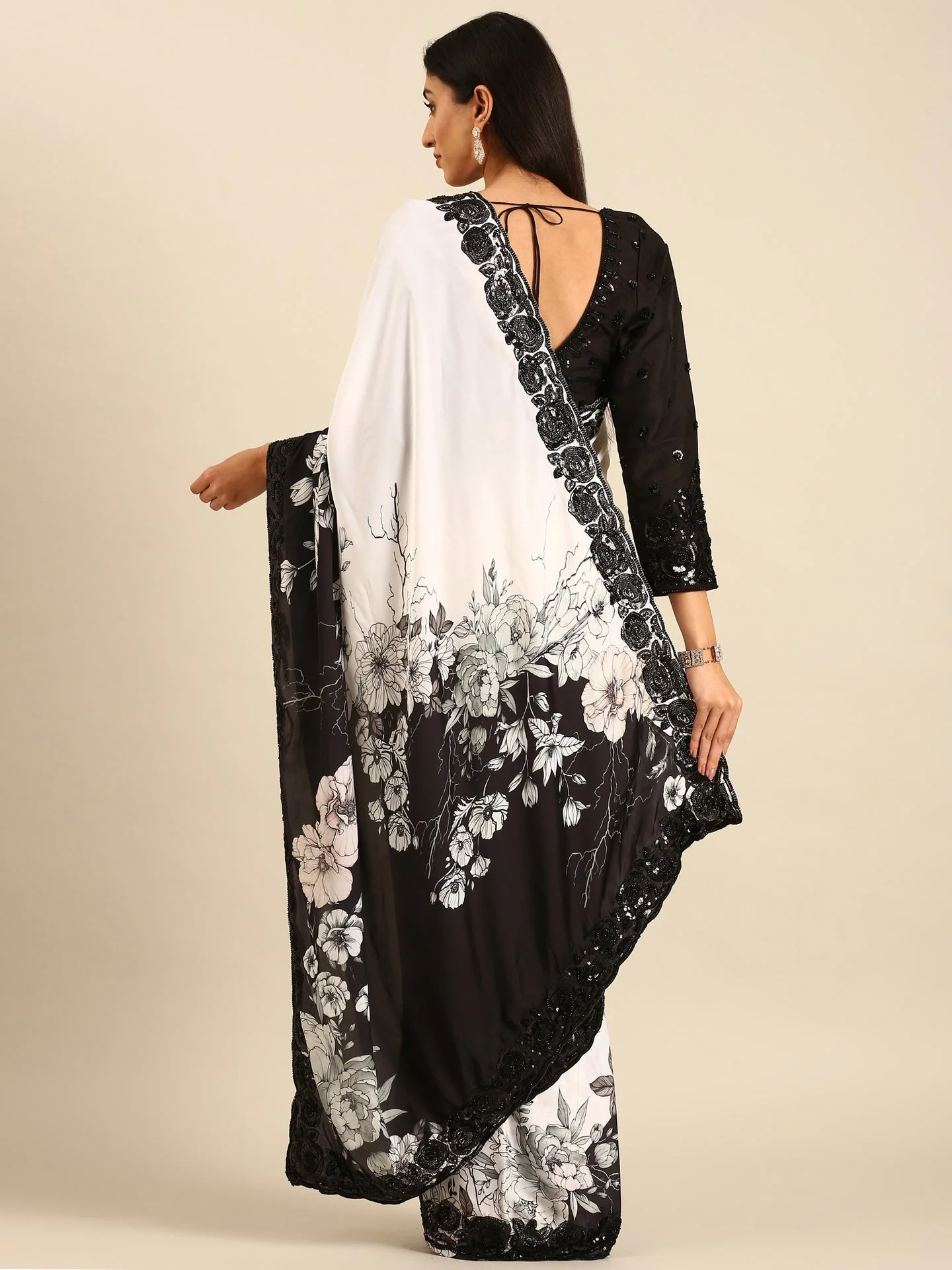 Black & White Satin Printed Saree With Hand Embroidery & Readymade Blouse - Image 3