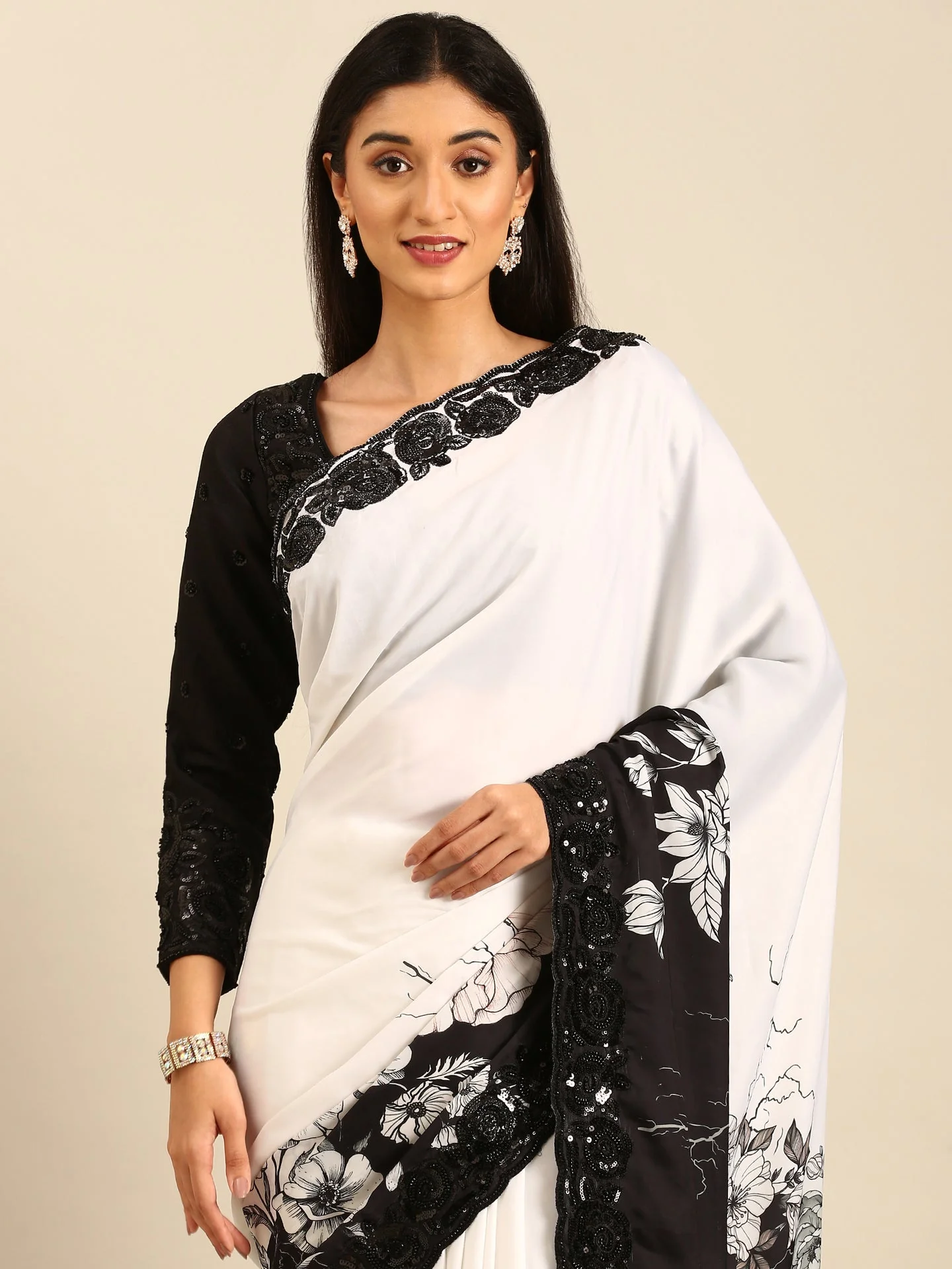 Black & White Satin Printed Saree With Hand Embroidery & Readymade Blouse - Image 4
