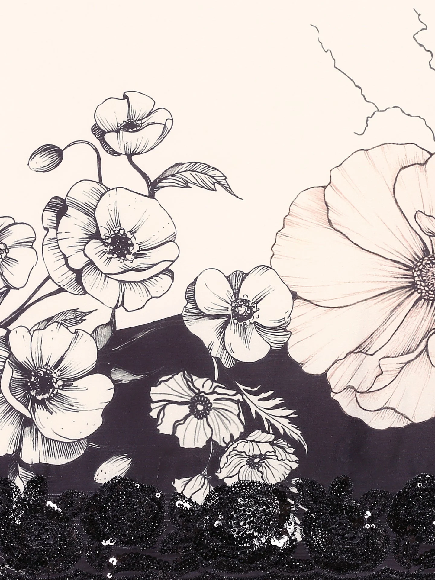 Black & White Satin Printed Saree With Hand Embroidery & Readymade Blouse - Image 5