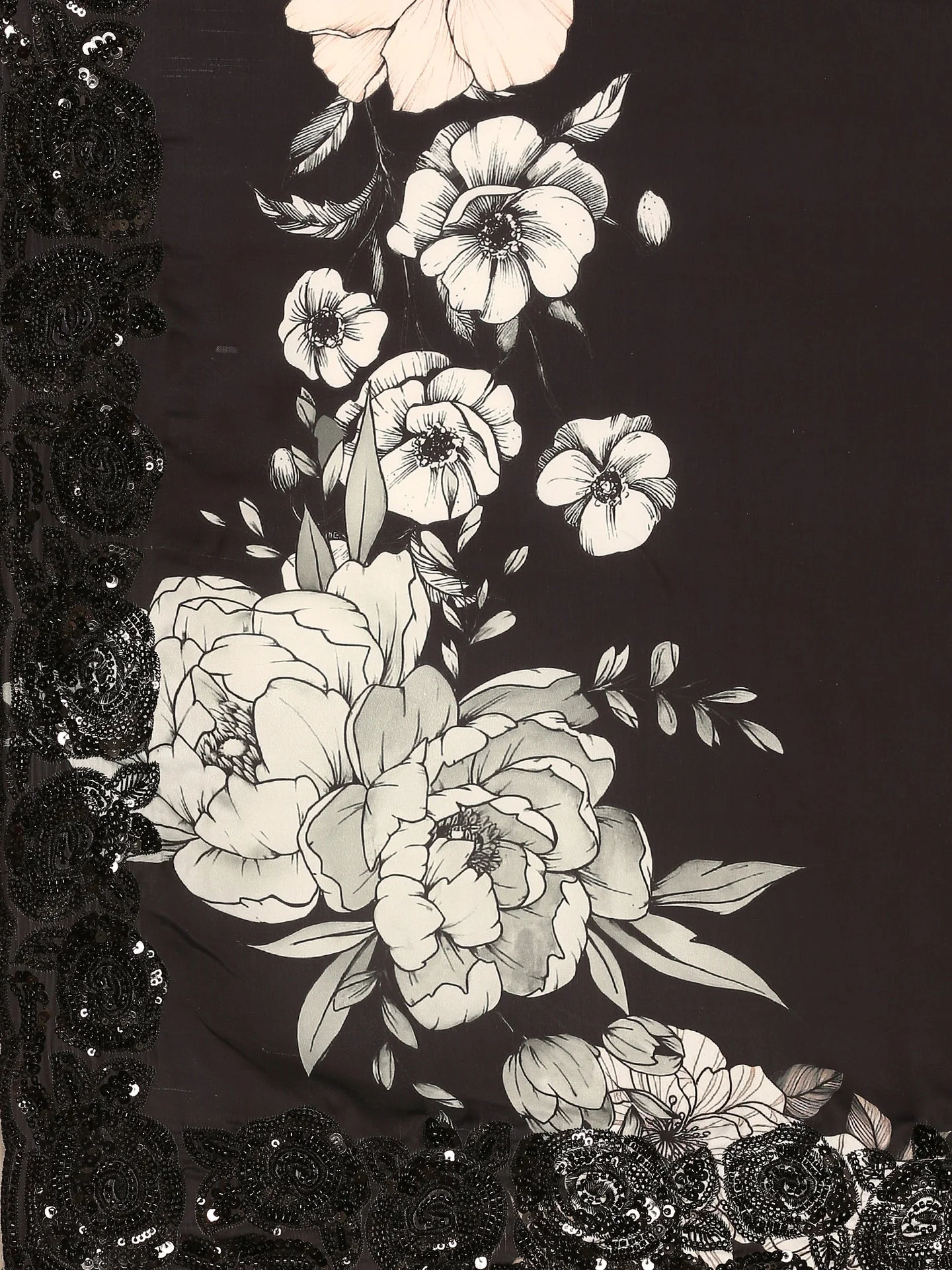 Black & White Satin Printed Saree With Hand Embroidery & Readymade Blouse - Image 6