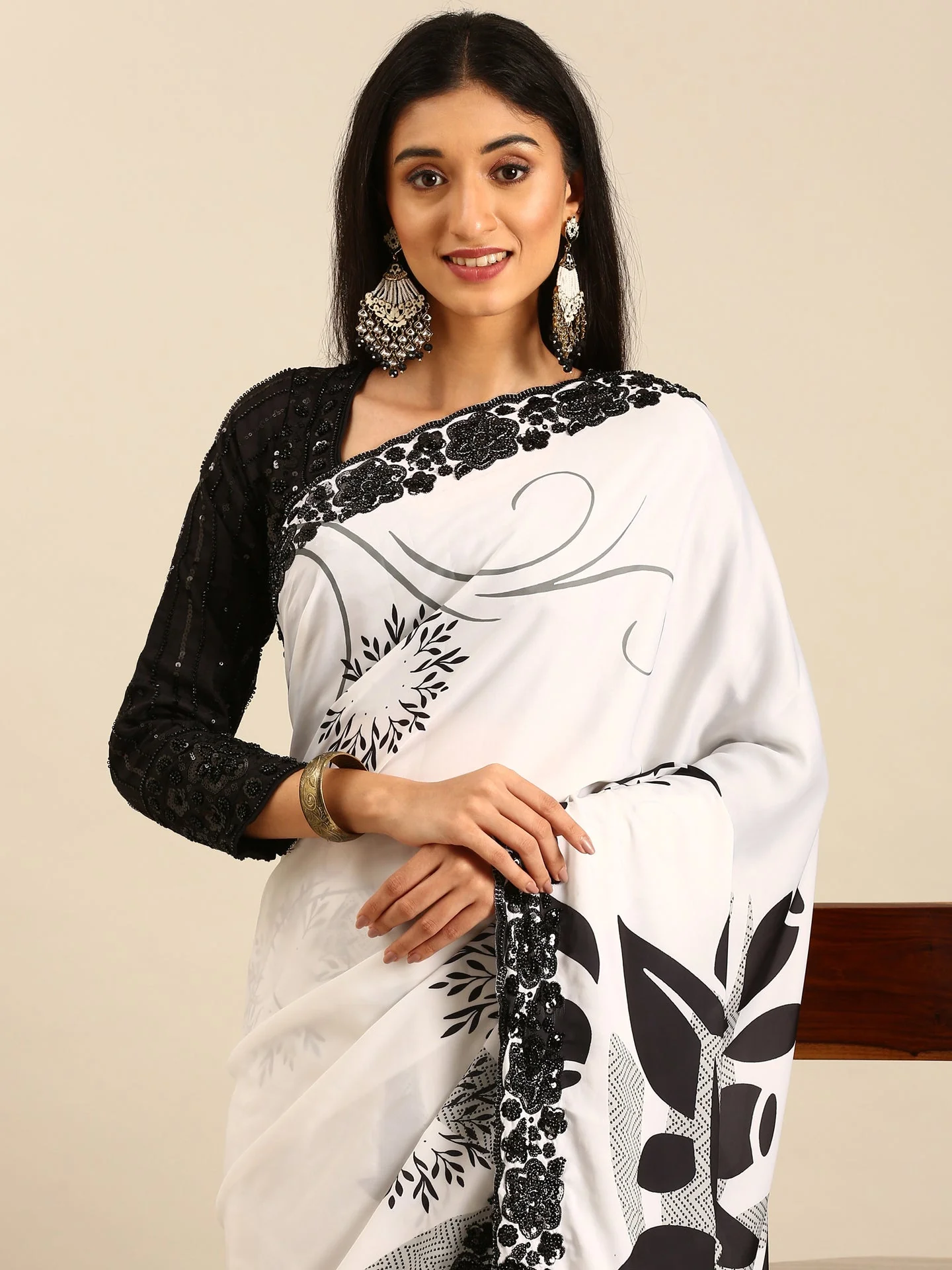 Black & White Satin Printed Saree With Hand Embroidery & Readymade blouse - Image 3