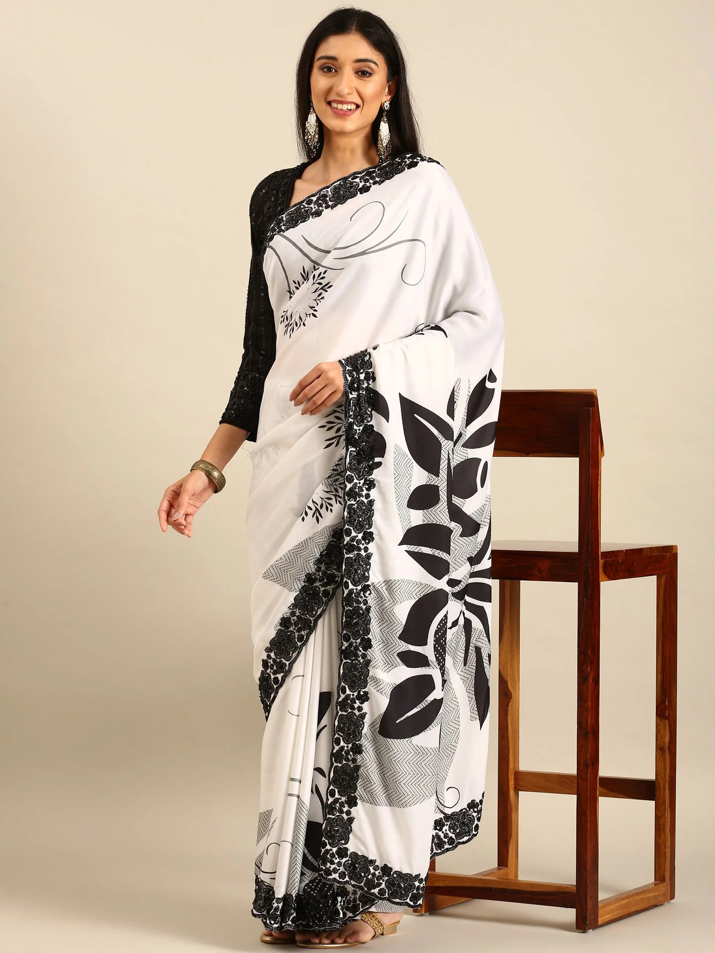 Black & White Satin Printed Saree With Hand Embroidery & Readymade blouse - Image 4