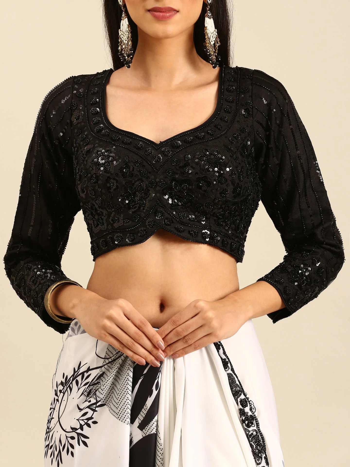 Black & White Satin Printed Saree With Hand Embroidery & Readymade blouse - Image 6