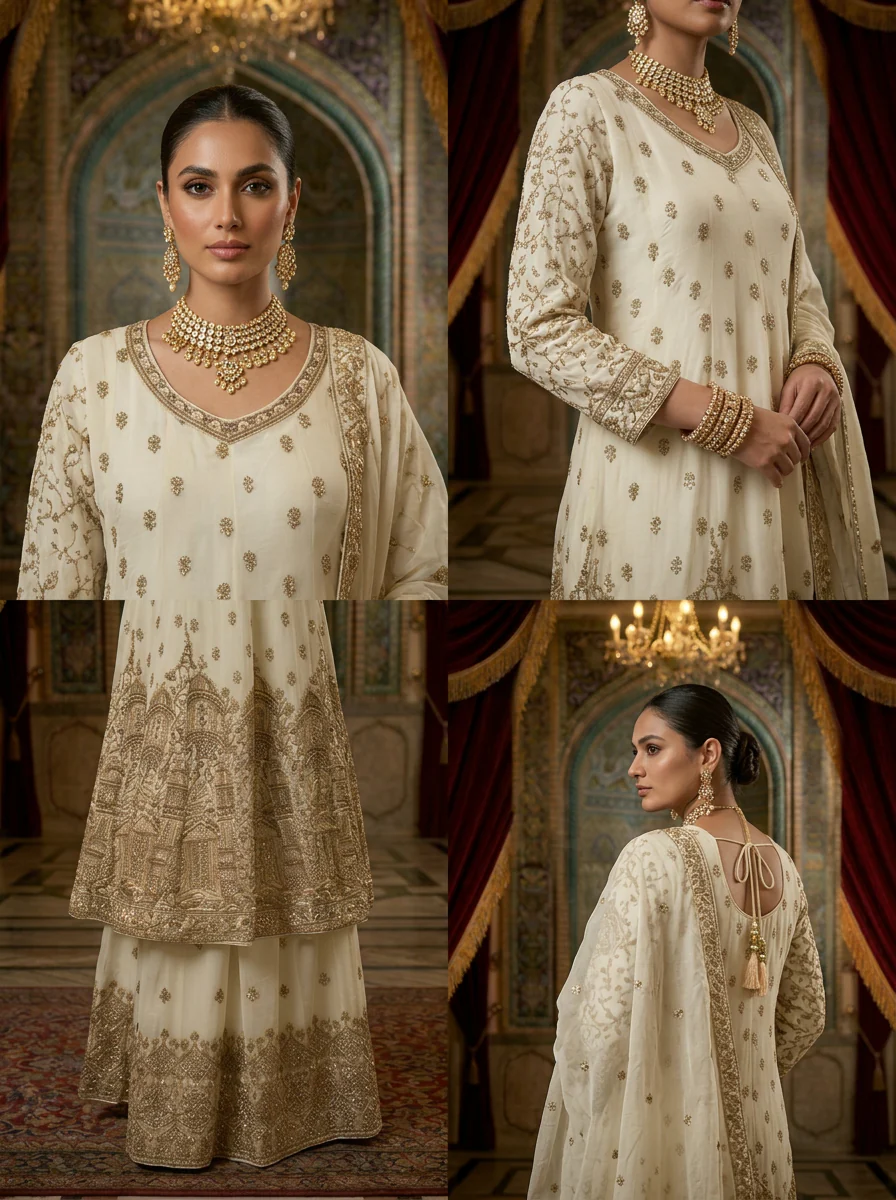 Cream Georgette Ethnic Embroidery Sharara Set With Dupatta - Image 3