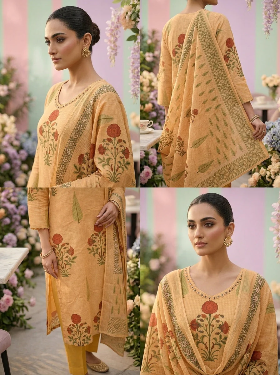 Gold Cotton Floral Printed Three Piece Set - Image 3