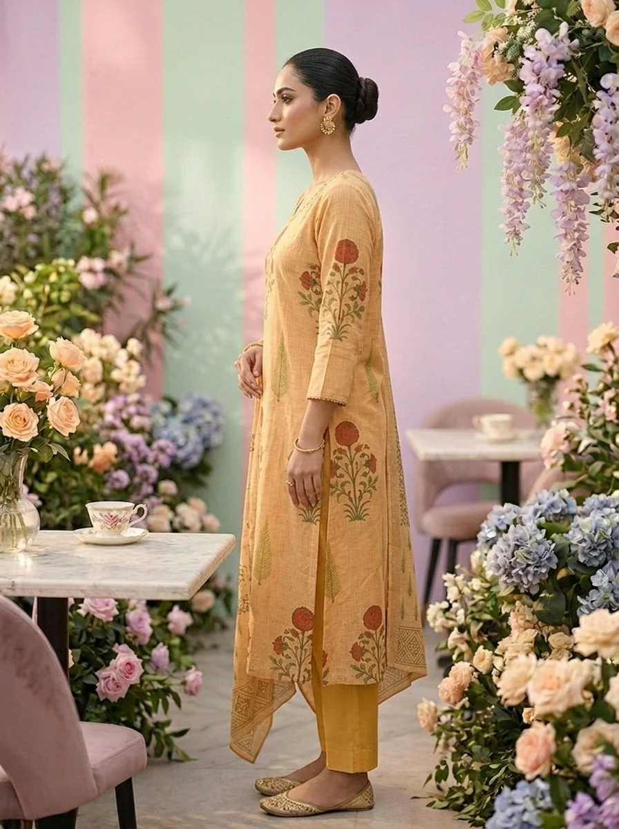 Gold Cotton Floral Printed Three Piece Set - Image 4