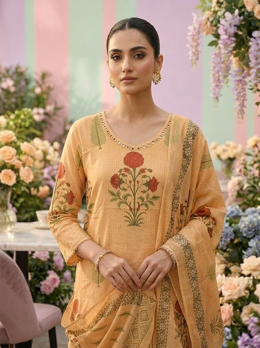 Gold Cotton Floral Printed Three Piece Set - Image 5