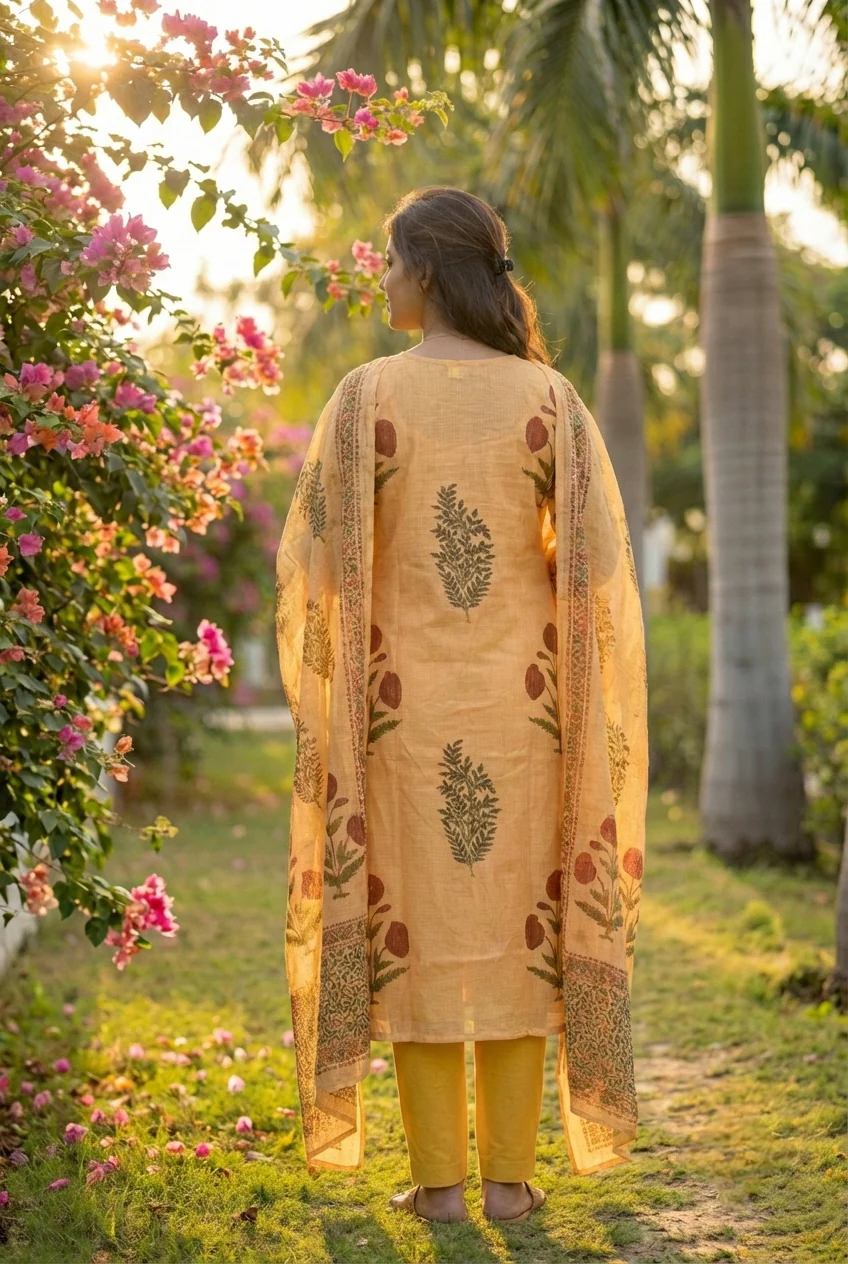 Gold Cotton Floral Printed Three Piece Set - Image 3