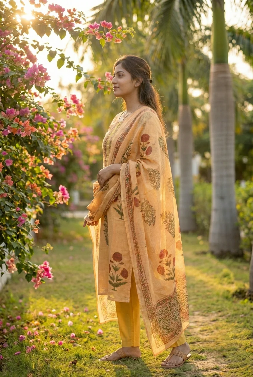 Gold Cotton Floral Printed Three Piece Set - Image 4