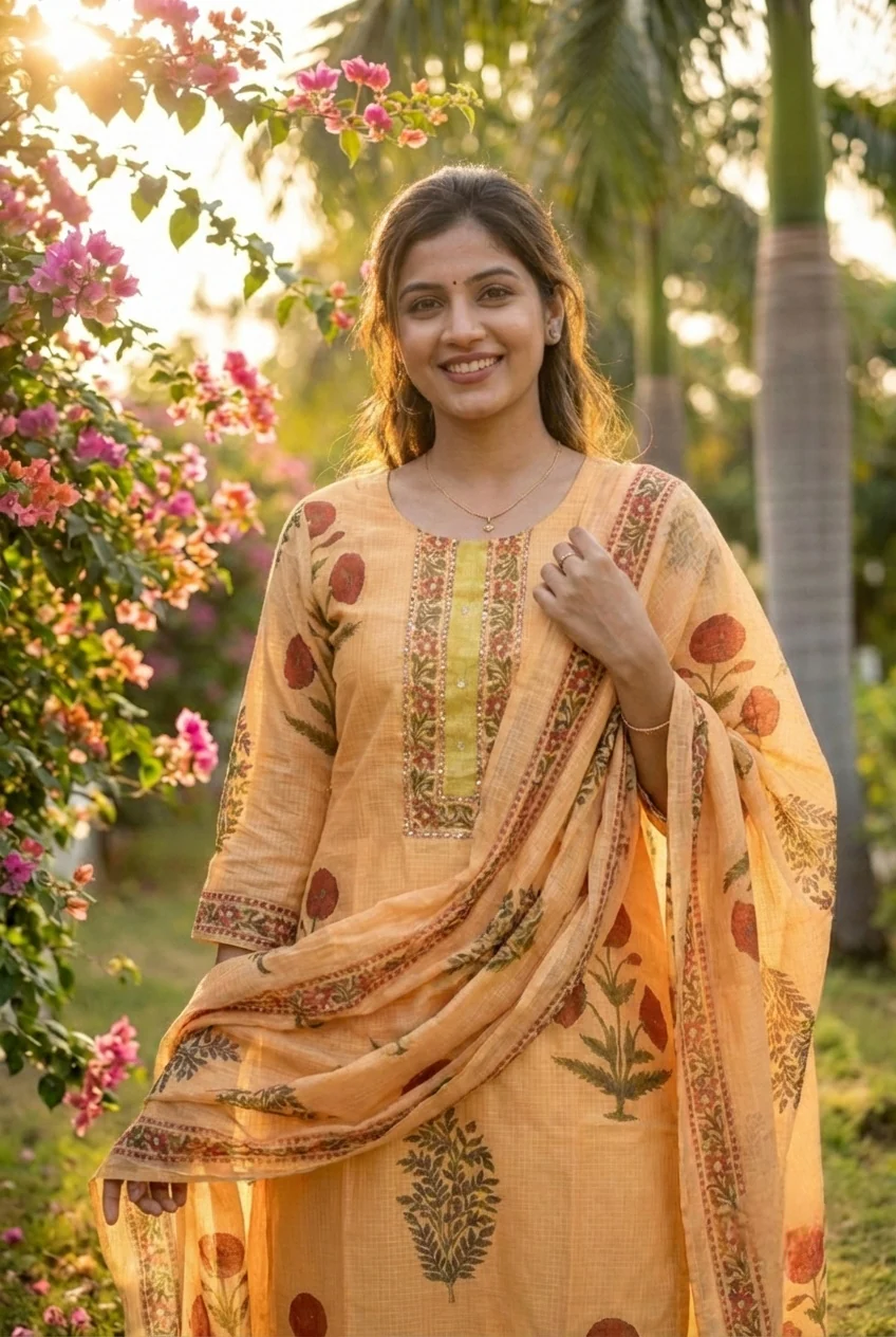 Gold Cotton Floral Printed Three Piece Set - Image 5