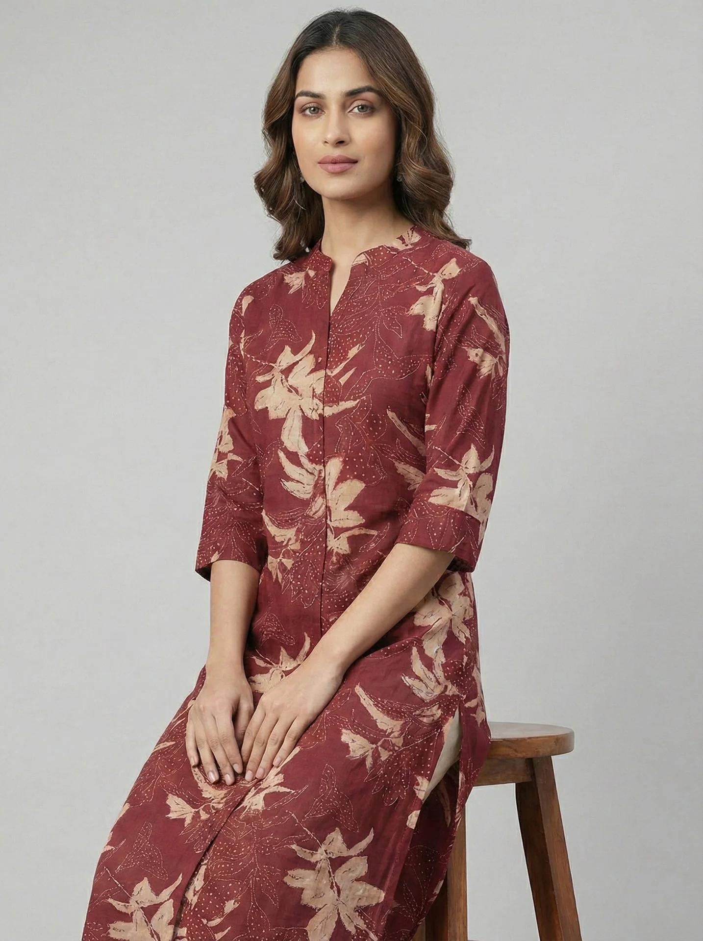 Maroon Modal Silk Floral Digital Print Kurta - Image 3