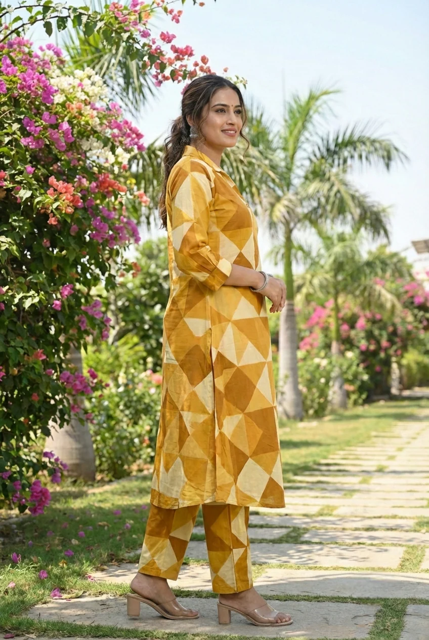 Mustard Cotton Printed Two Piece Set - Image 6