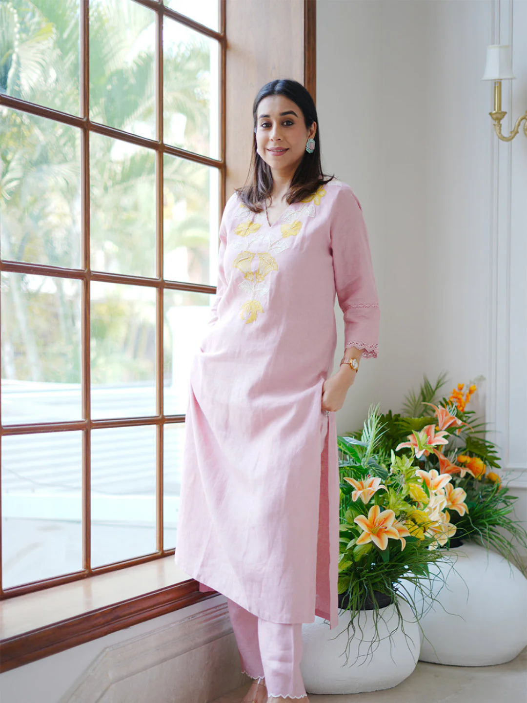 Neerus Baby Pink Casual Embroidered Kurta and Trouser - Image 3