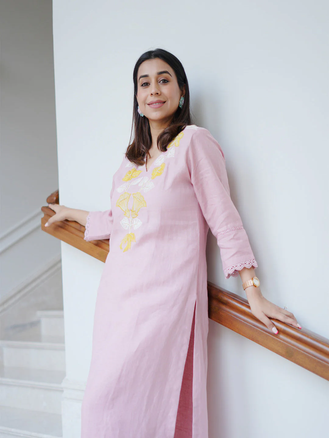 Neerus Baby Pink Casual Embroidered Kurta and Trouser - Image 4