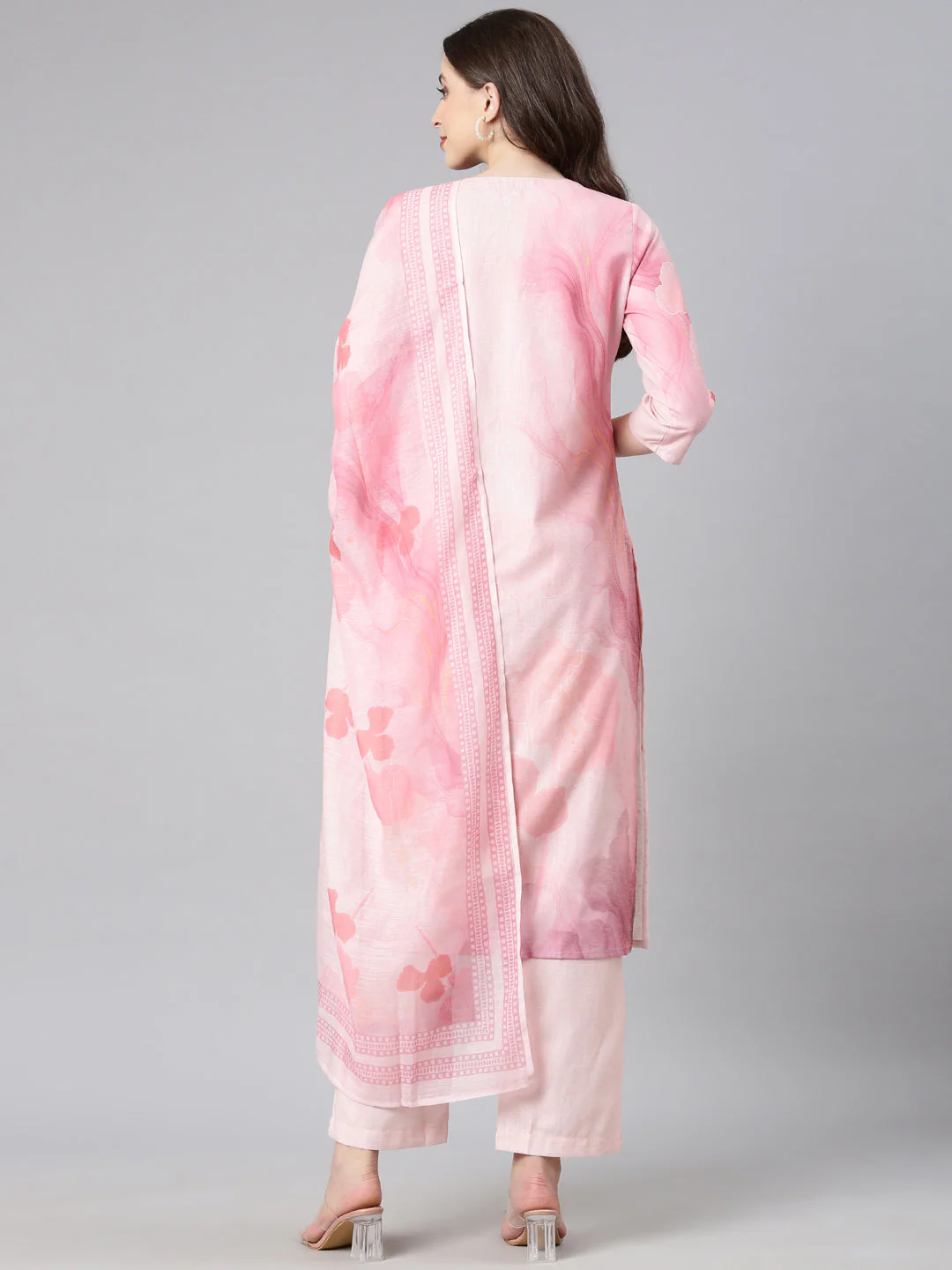 Neerus Baby pink Printed Straight Kurta and Trousers With Dupatta - Image 3