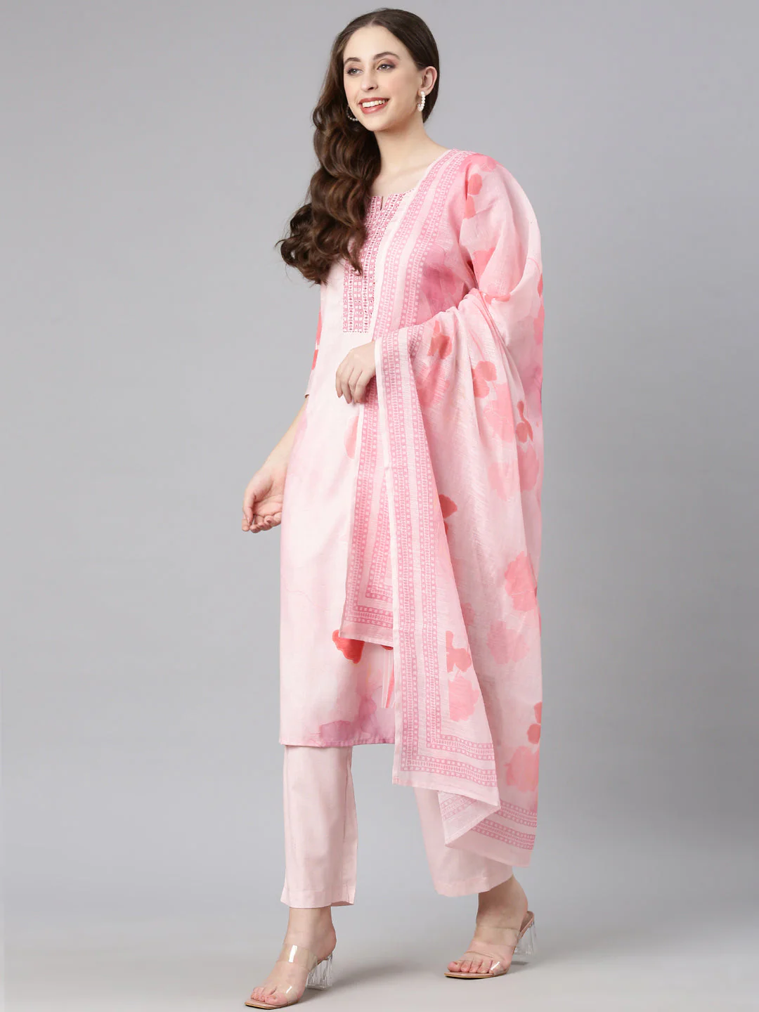 Neerus Baby pink Printed Straight Kurta and Trousers With Dupatta - Image 5