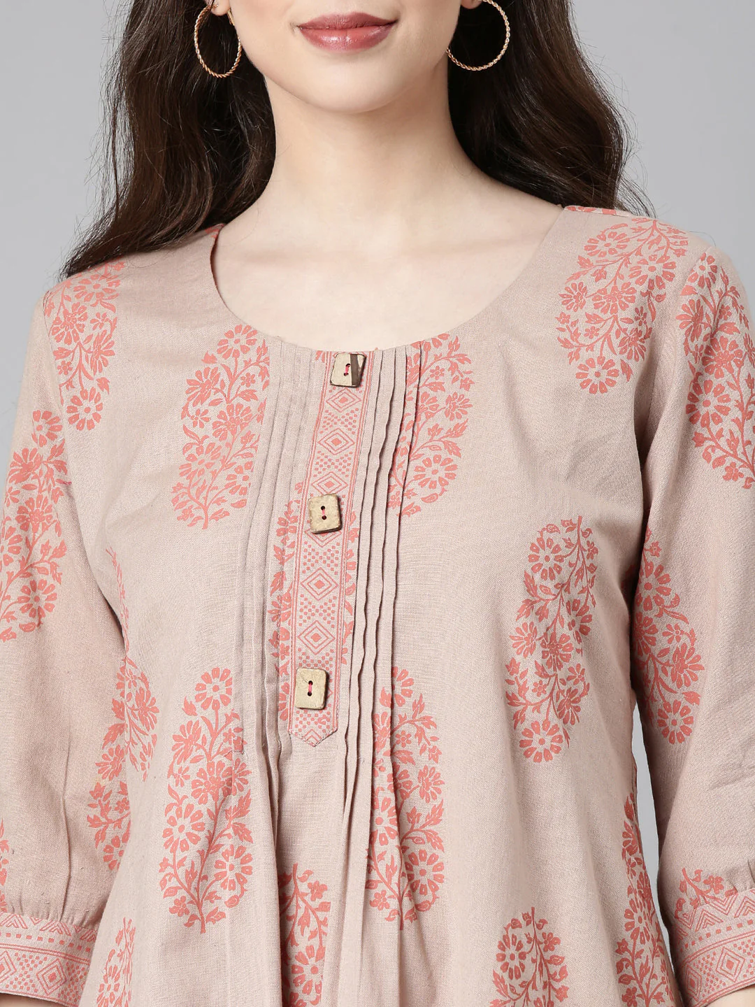 Neerus Beige Casual Floral A-Line Kurta - Image 4