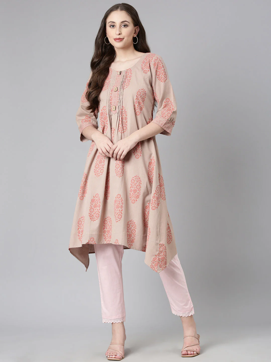 Neerus Beige Casual Floral A-Line Kurta - Image 5