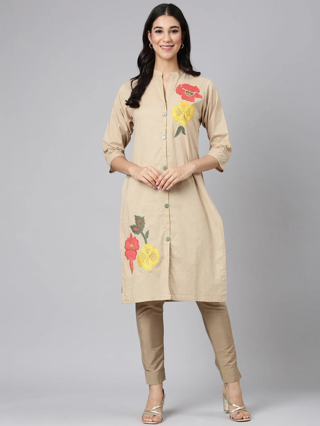 Neerus Beige Casual Solid Straight Kurta - Image 5