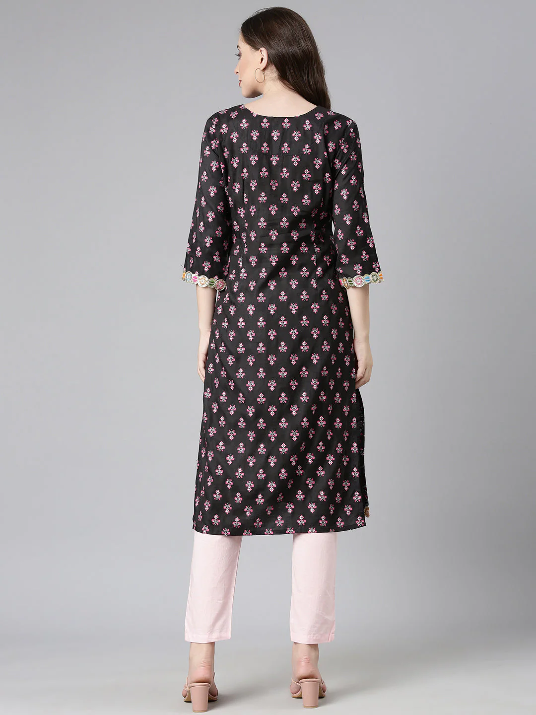 Neerus Black Casual Floral Straight Kurta - Image 3