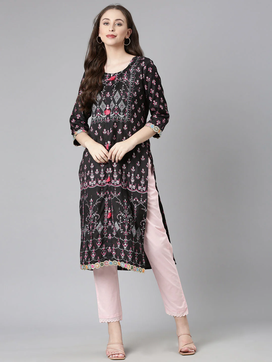 Neerus Black Casual Floral Straight Kurta - Image 5