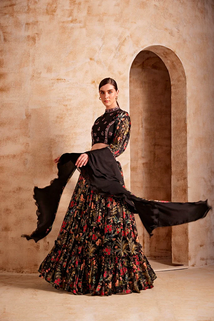 Neerus Black Color Chiffon Fabric Floral Ghagra Set - Image 3