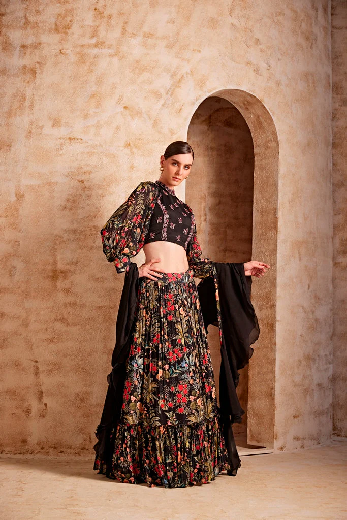 Neerus Black Color Chiffon Fabric Floral Ghagra Set - Image 4