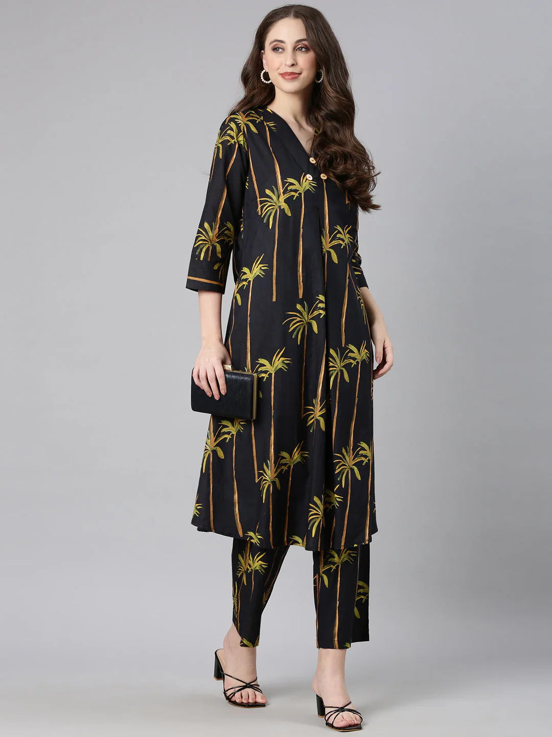 Neerus Black Printed Straight Kurta and Trousers - Image 5