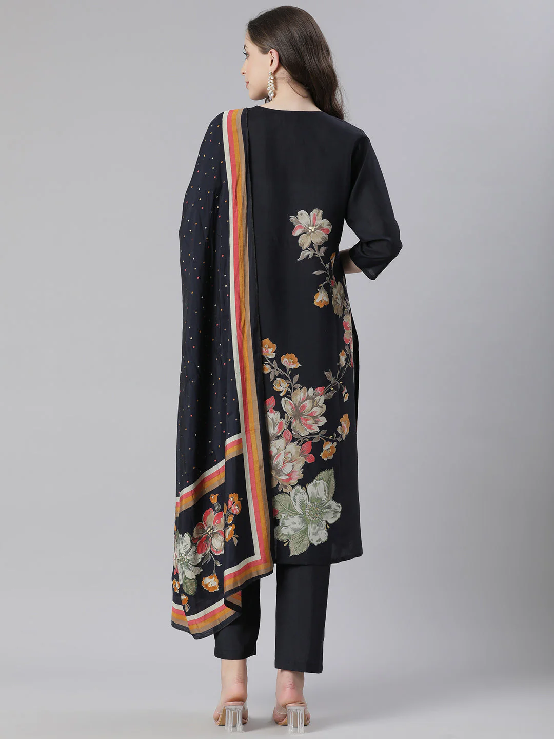 Neerus Black Printed Straight Kurta and Trousers With Dupatta - Image 3