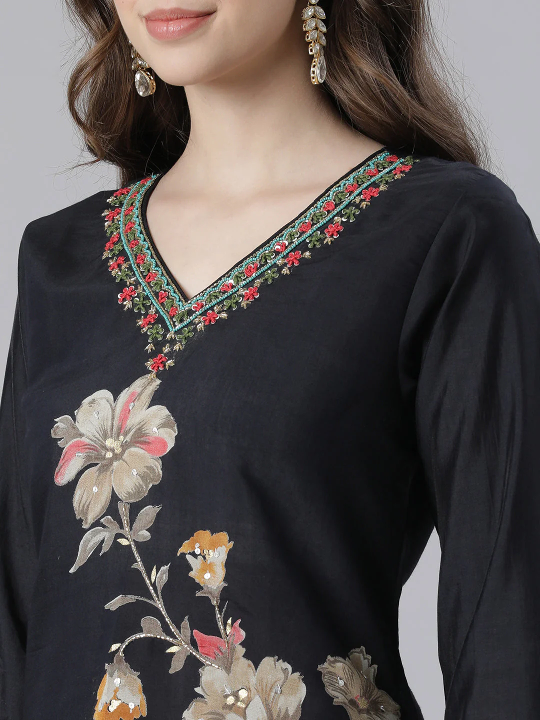 Neerus Black Printed Straight Kurta and Trousers With Dupatta - Image 4